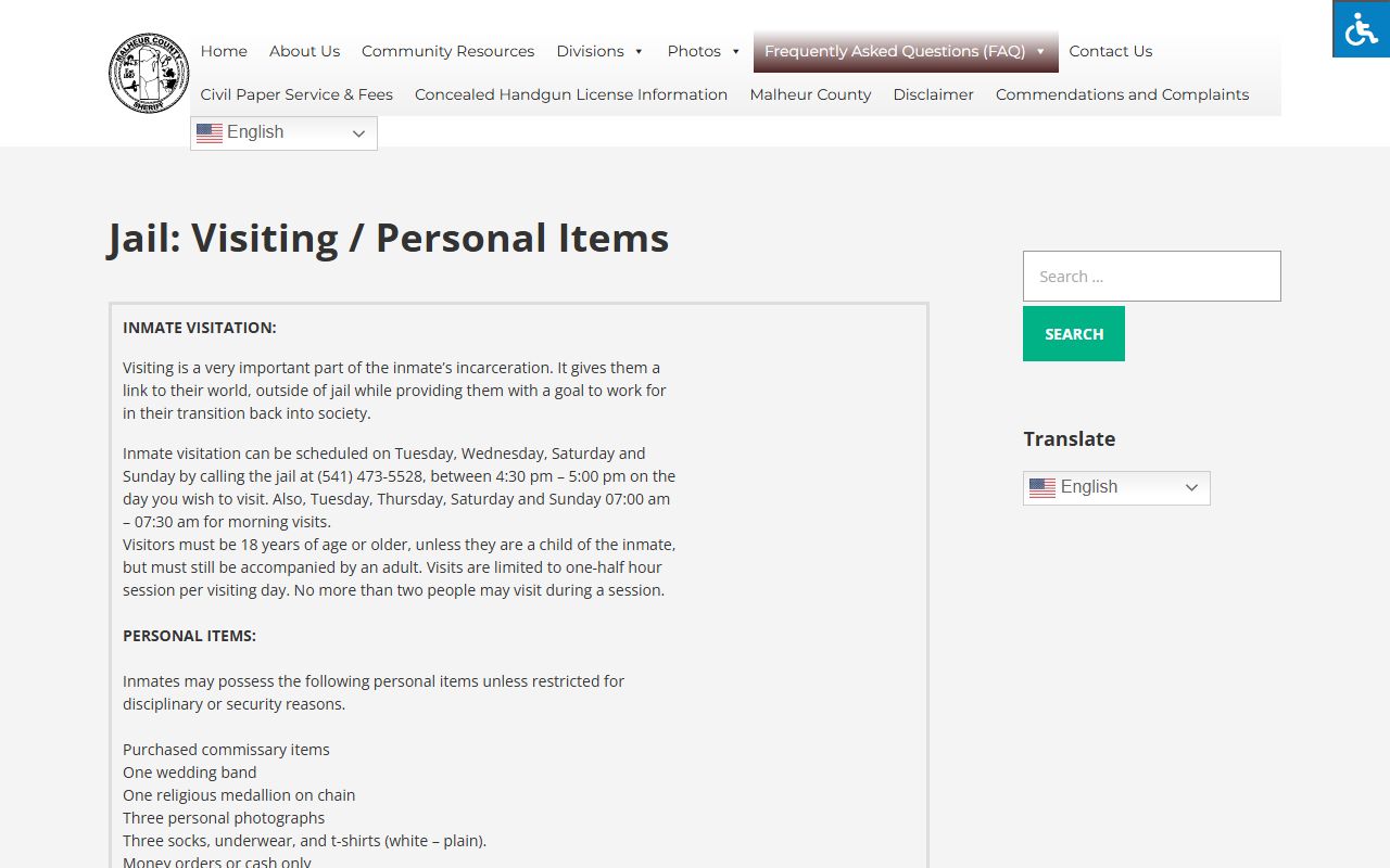 Malheur County inmate records visitation scheduling and personal items FAQ