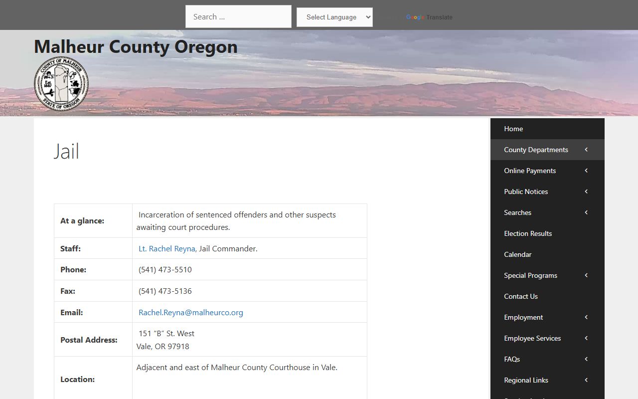 Malheur County Jail page for inmate records and local custody contact information
